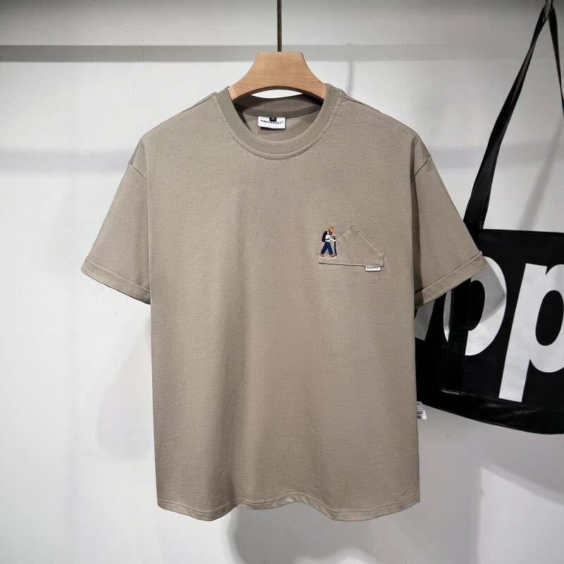 登山刺绣重磅纯棉夏季短袖T恤男款宽松简约圆领美式体恤潮流5分袖