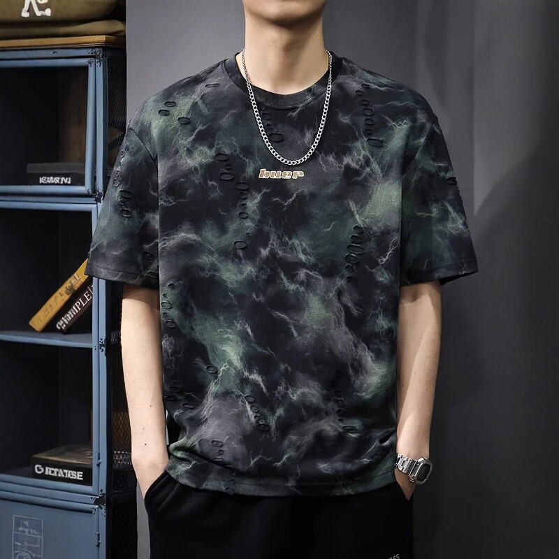 2026新款上衣潮牌薄款短袖T恤男宽松休闲夏季假破洞凉感半袖体恤