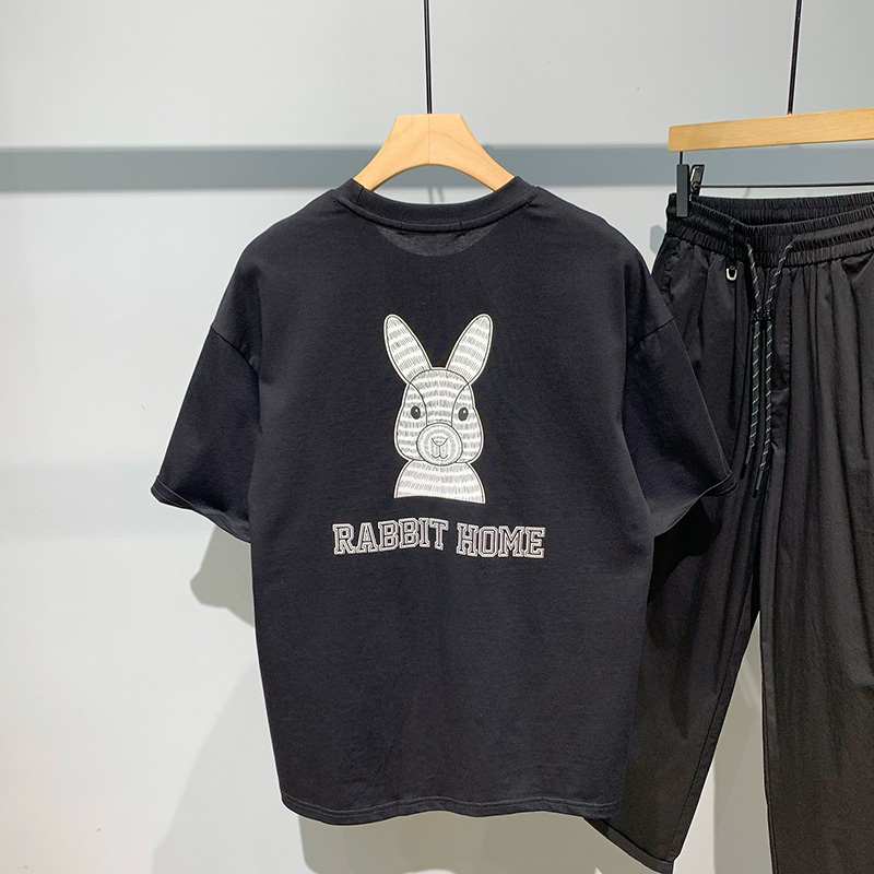 夏季日系新款卡通兔子印花短袖T恤男潮流宽松纯棉半袖打底体恤男