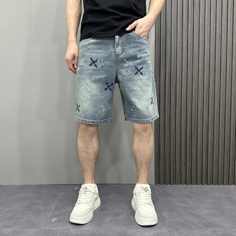 街头休闲风刺绣泼墨牛仔短裤