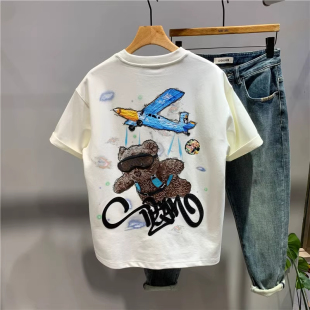尼昆夏季创意卡通小熊涂鸦短袖T恤美式休闲宽松痞帅青年情侣半袖t