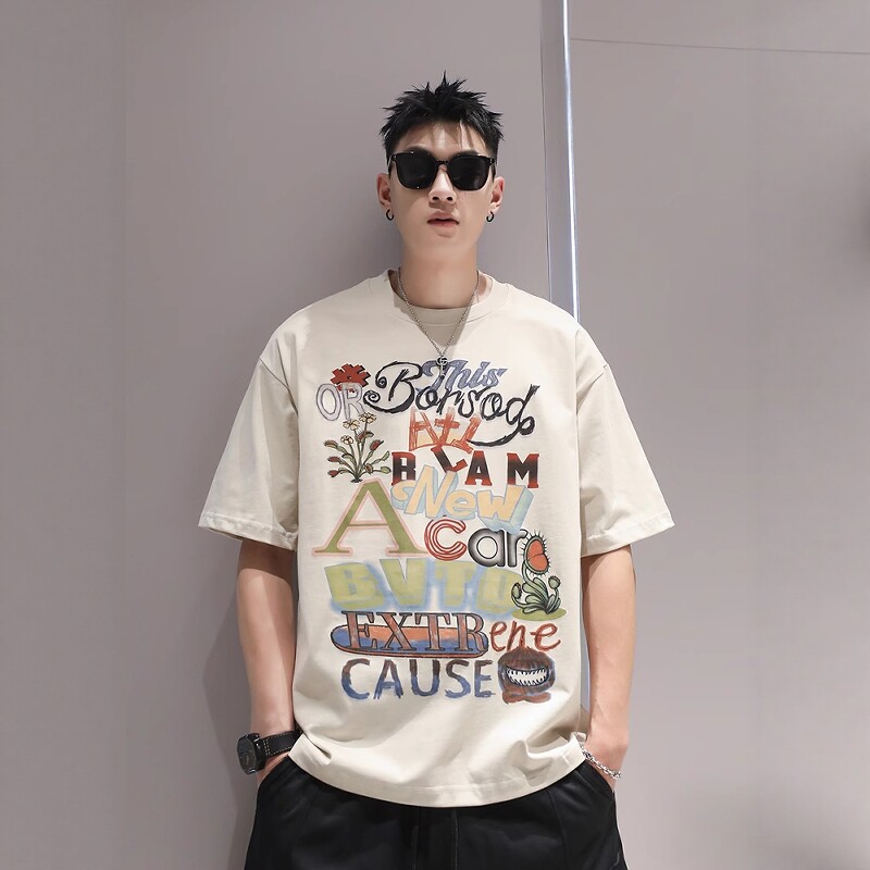 有术满印印花夏季潮牌短袖男美式潮牌街头宽松2026新款五分袖上衣