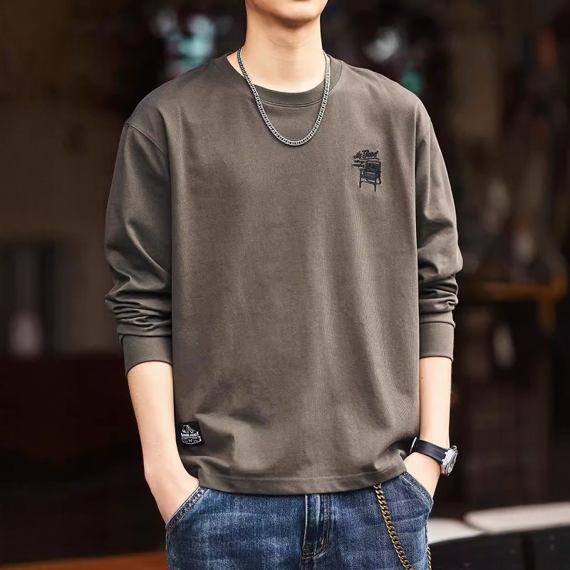 美式潮流复古重磅长袖T恤男士秋冬季潮牌宽松休闲圆领刺绣打底衫