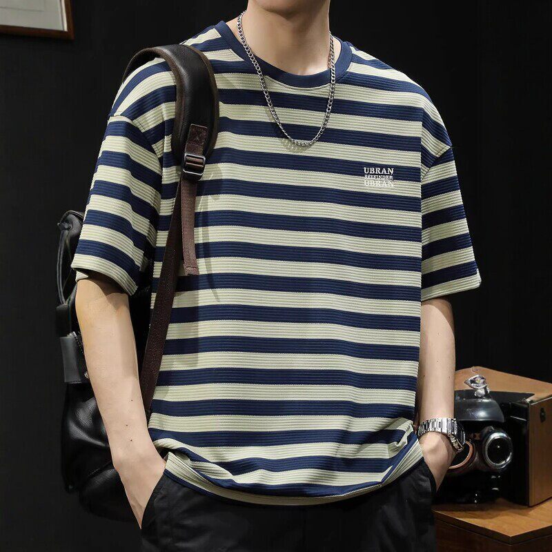 2026新款条纹短袖t恤男宽松大码打底衫美式重磅半袖体恤夏季薄款