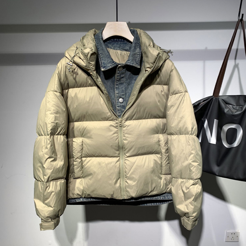 2024时尚潮牌个性牛仔拼色假两件羽绒服男冬季宽松休闲连帽外套男