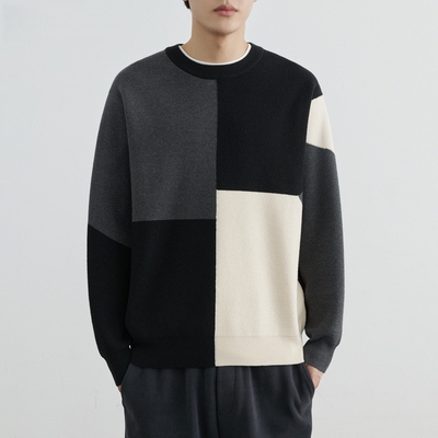撞色拼接毛衣男士2025秋冬新款潮