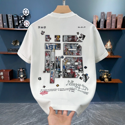 福运涂鸦刺绣潮牌短袖T恤男士