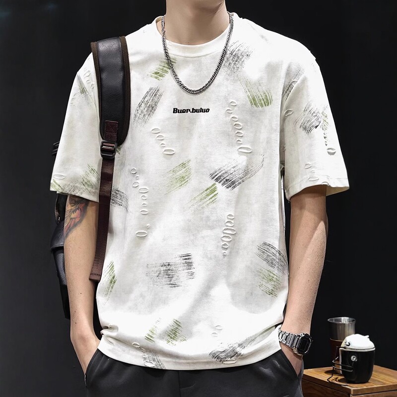 重磅提花破洞潮牌短袖t恤男士夏季2026新款大码高端衣服上衣体恤