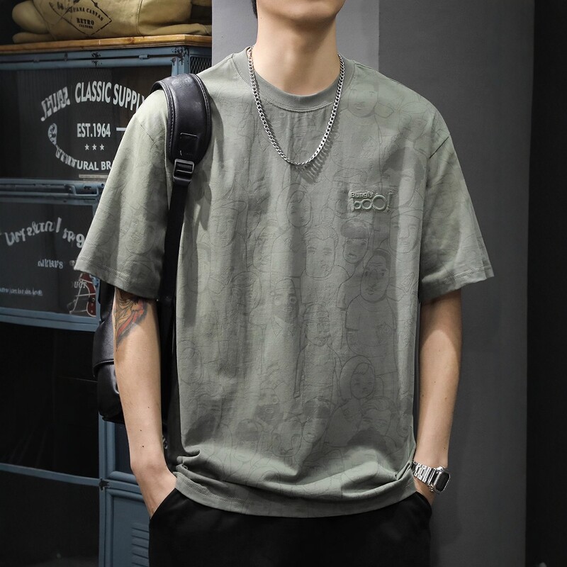 美式重磅印花短袖t恤男2026夏季薄款纯棉刺绣宽松休闲速干五分袖