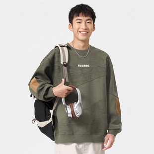 美式潮流少年感提花拼接重磅卫衣男款外套秋季圆领长袖内搭打底衫