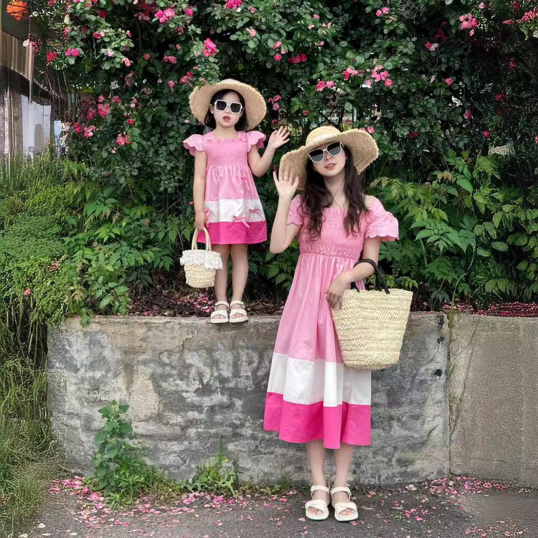 亲子装夏季a类棉布裙母女连衣裙裙子女童柔软粉色短袖甜美薄款