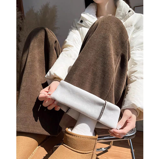 棕色雪尼尔阔腿裤女秋冬季加绒加厚新款直筒西装小个子灯芯绒裤子