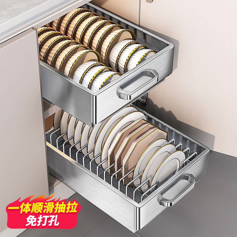 不锈钢抽拉碗碟架橱柜内置拉篮碗盘收纳置物架厨房免安装沥水碗架,厨房/烹饪用具,碗架,淘宝优惠券,粉丝福利购,淘宝优惠卷