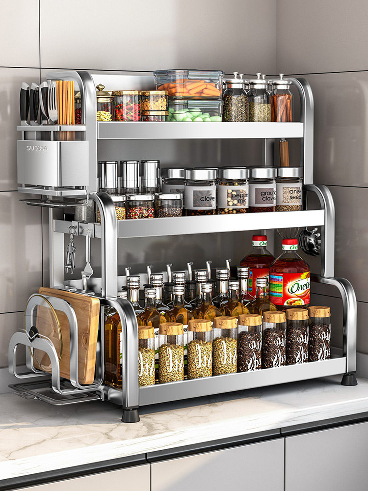 免组装304不锈钢厨房调料置物架双层刀架多功能家用调味品收纳架