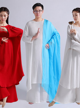 禅舞服装女白色套装棉麻禅修服