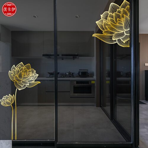 唯美金色抽象线条花玻璃贴厨房阳台隔断玻璃门防撞静电玻璃贴纸