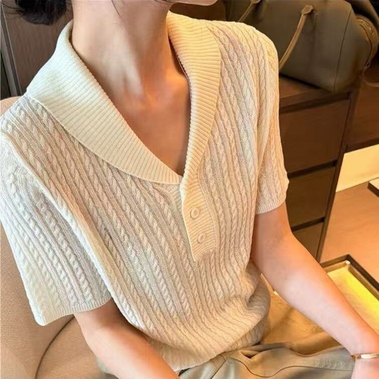 欧洲站纽扣翻领套头针织衫女夏季新款休闲减龄镂空麻花纯色短袖薄