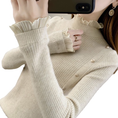 秋冬季新款木耳边半高领毛衣蕾丝