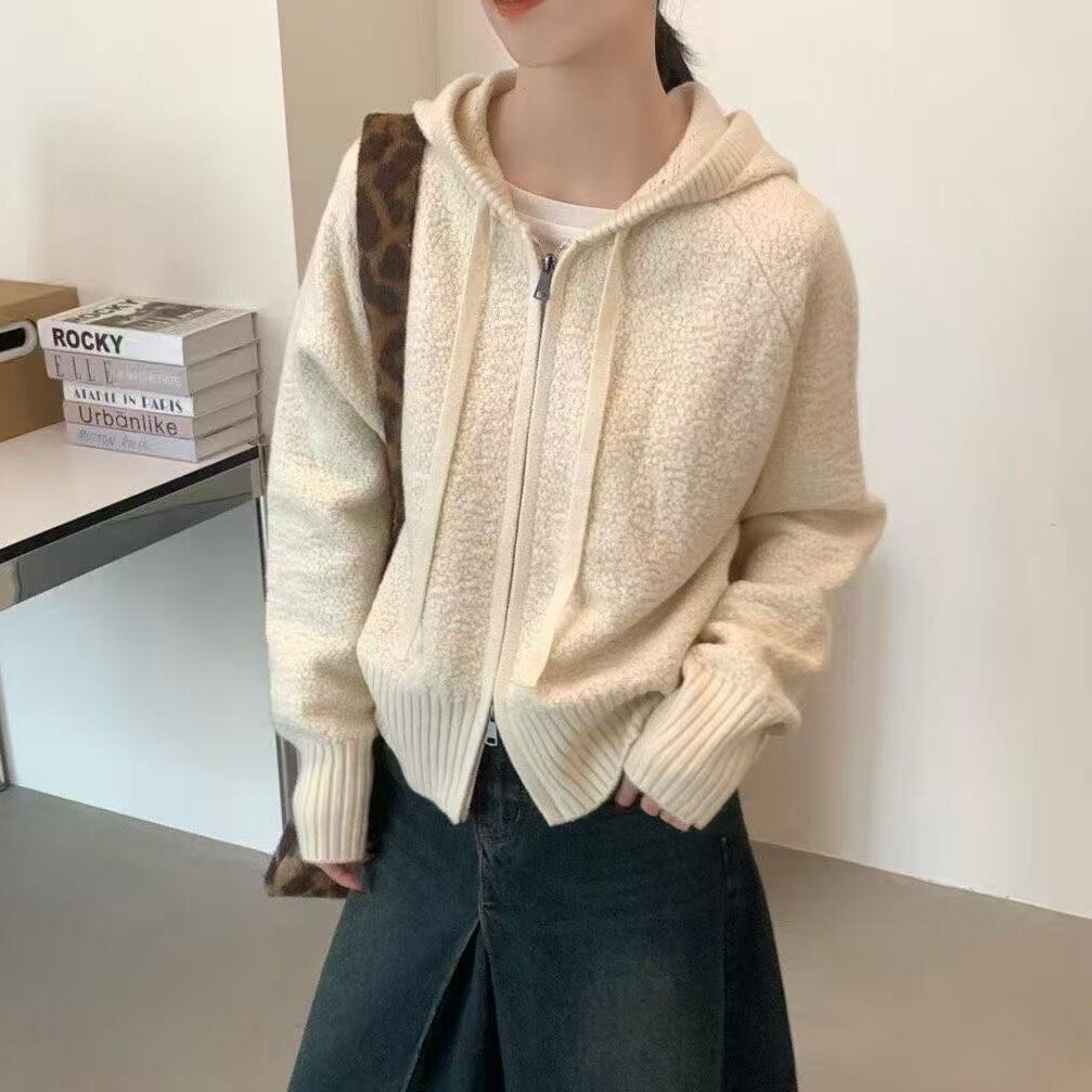 秋冬新款女韩版宽松纯色连帽双拉链针织开衫百搭休闲保暖毛衣外套