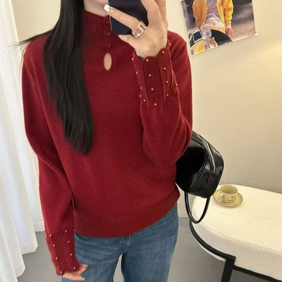 秋冬女士加厚高领红色毛衣女新款