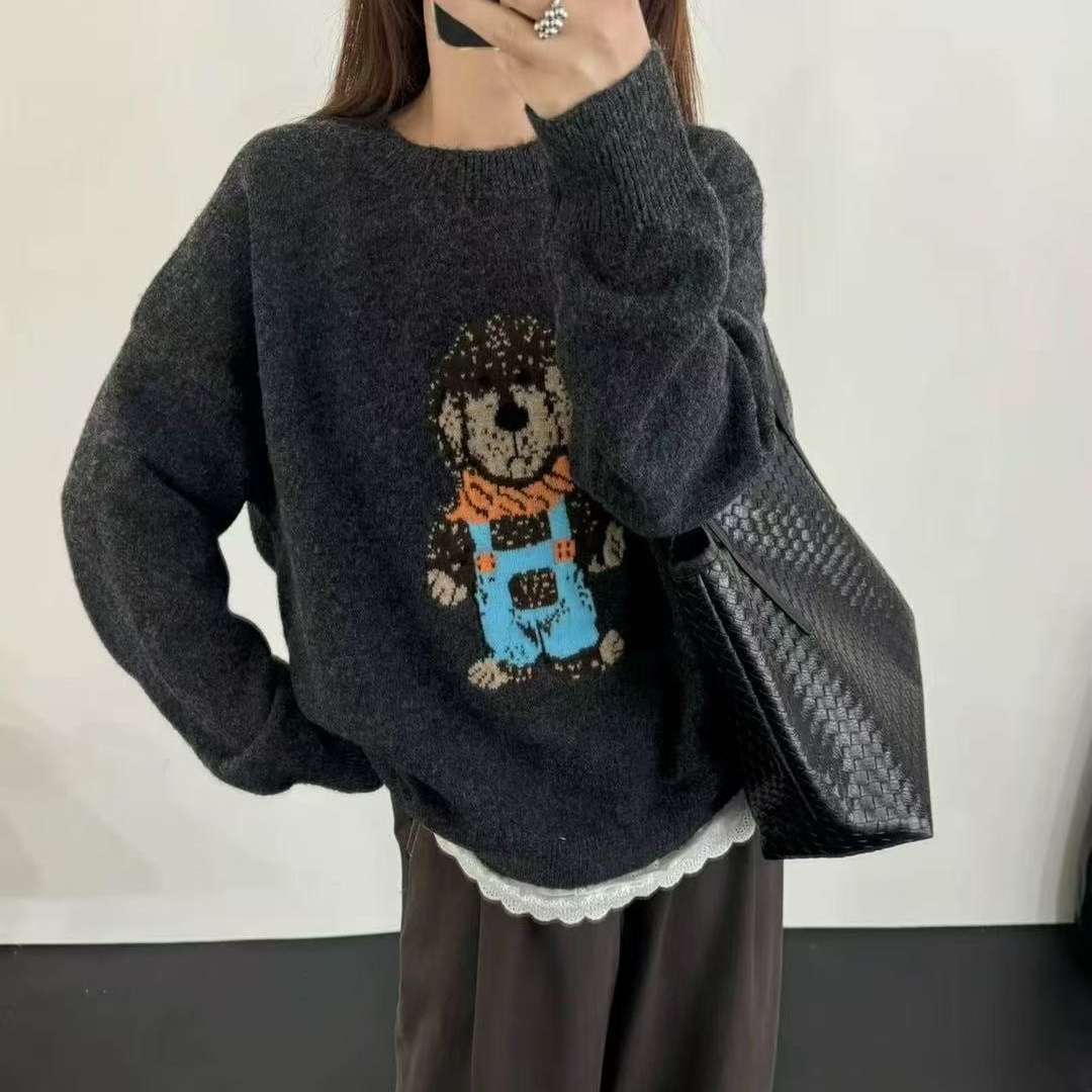 卡通小狗针织衫女欧洲假两件毛衣