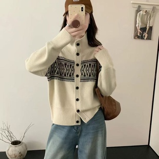 时尚 宽松针织开衫 复古毛衣 高领单排扣提花长袖 欧洲站2025秋冬新款