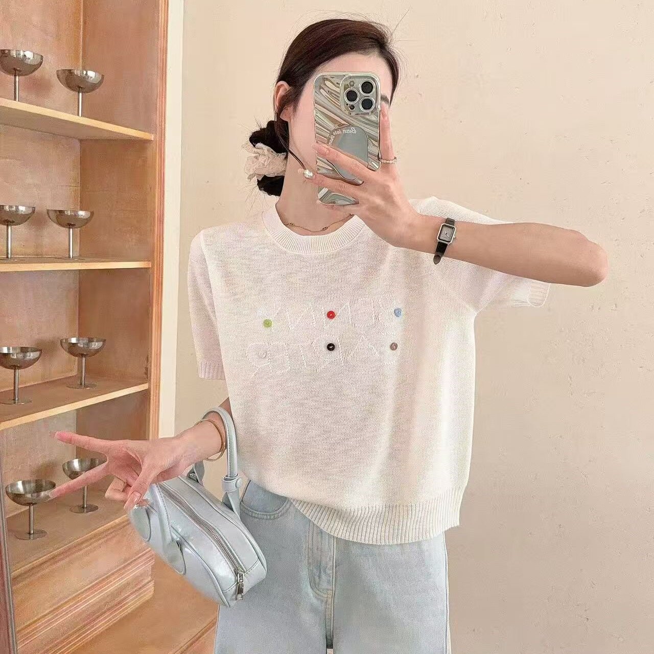 2026韩版女装重工刺绣短袖T恤薄款上衣夏季慵懒风宽松针织打底衫