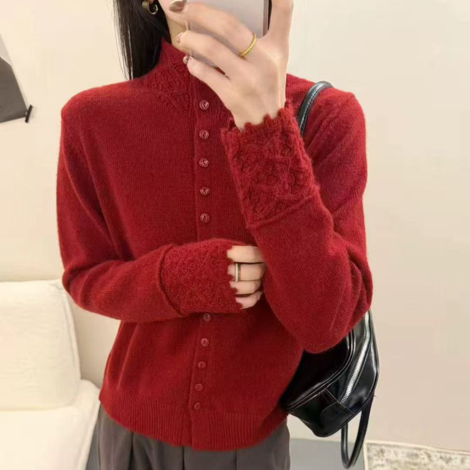 秋冬女士高领红色加厚针织开衫