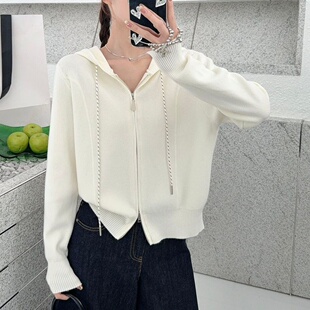 连帽双拉链软糯长袖针织开衫毛衣女时尚气质百搭帽衫显瘦休闲上衣