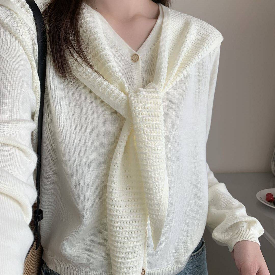 韩版V领纯色披肩装饰针织开衫女早春新款百搭显瘦气质两件套上衣