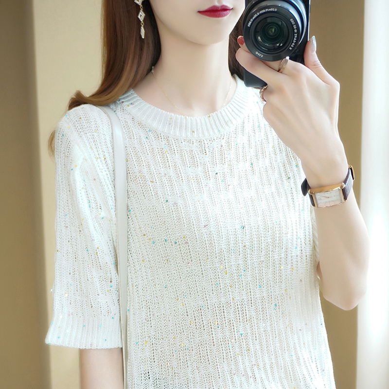 夏季镂空短款冰丝针织衫半袖上衣2025年新款女装网红中袖薄款罩衫
