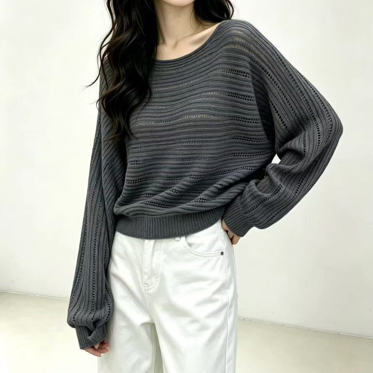 秋装薄款镂空慵懒风宽松针织衫女图片