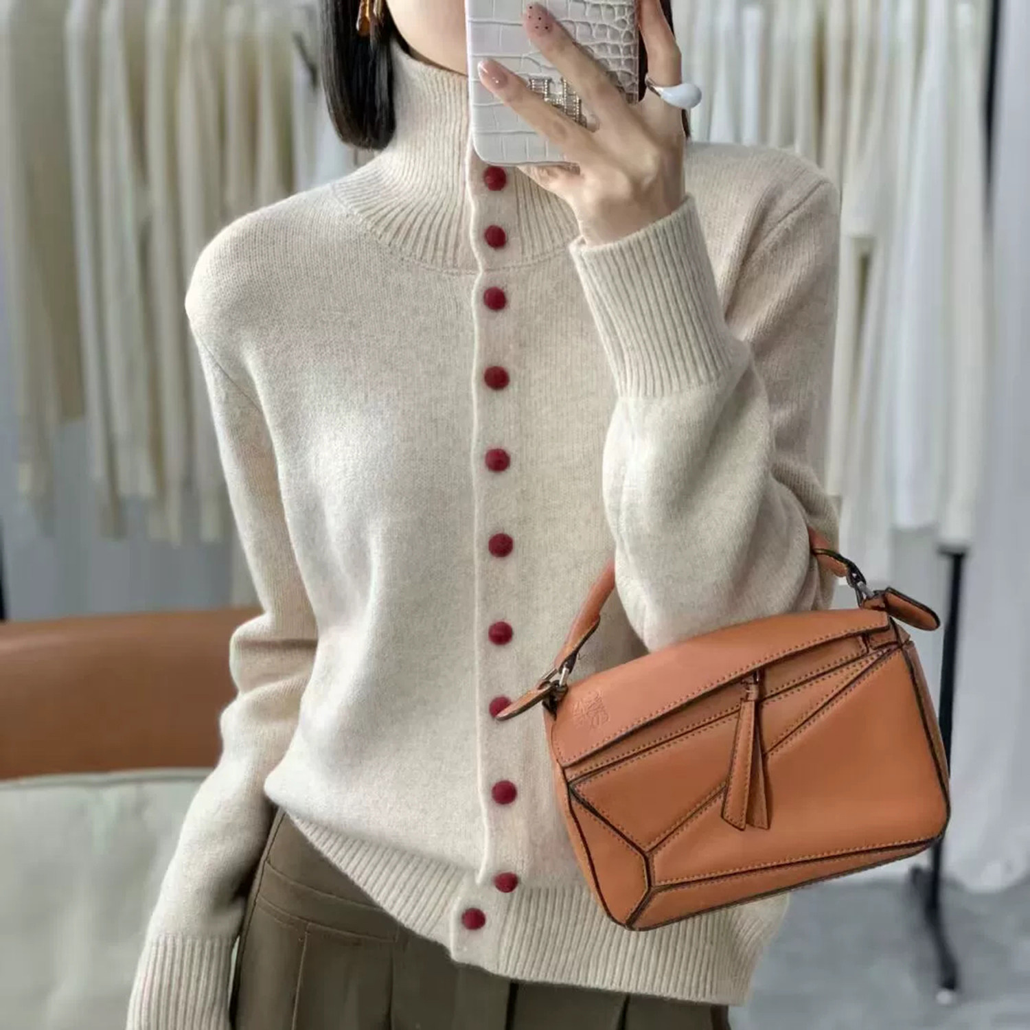 针织开衫女宽松堆堆领毛衣女上衣