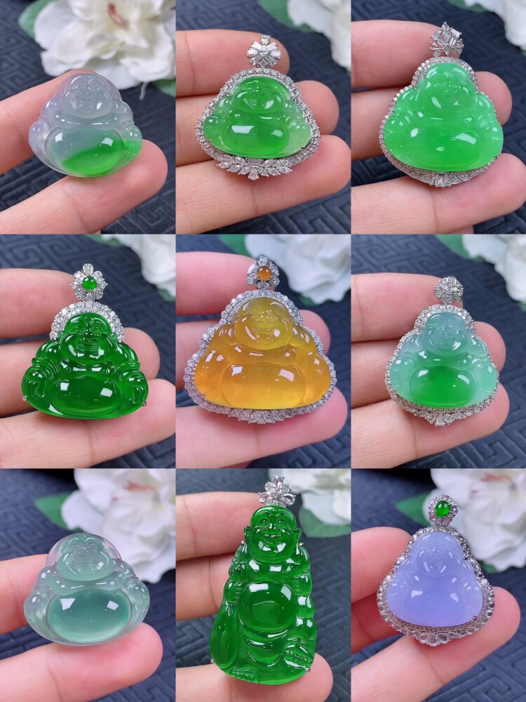天然翡翠佛公18k金镶嵌