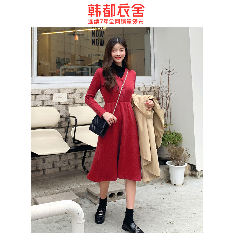 韩都衣舍2020秋装新款女装V领打底长袖车厘子红色连衣裙OU12995堯