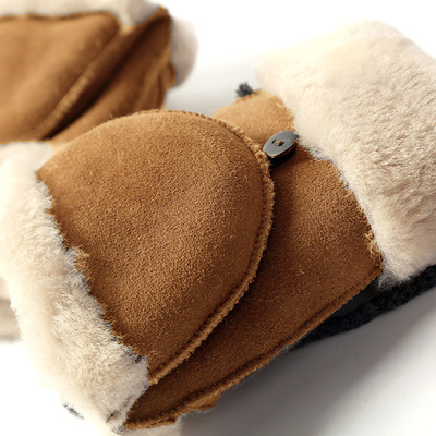 男女冬真皮手套羊皮毛一体半指漏指翻盖触屏两用手套户外加厚保暖