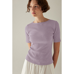 EF女士针织衫短袖有机棉螺纹高弹短袖中袖圆领T恤修身显瘦亲肤