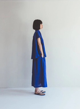 纯亚麻半裙松紧带克莱恩蓝100%亚麻吸湿透气清爽带棉内衬薄亚麻