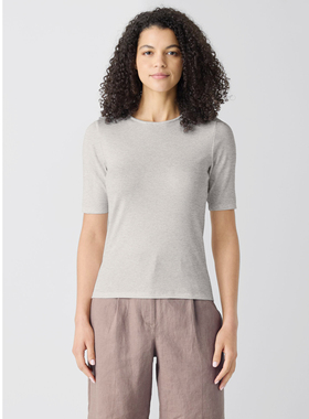 EF女士针织衫短袖有机棉螺纹高弹短袖中袖圆领T恤修身显瘦亲肤