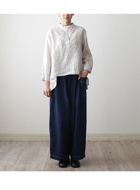 纯汉麻女士长袖套头上衣衬衣半开式暗扣立领17支100%大麻透气抑菌