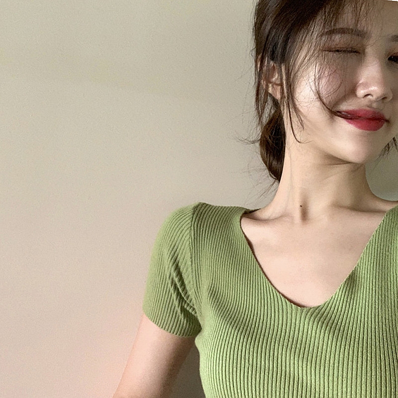大码女夏装韩版装修身显瘦V领打底衫针织衫短袖t恤上衣chic胖妹妹