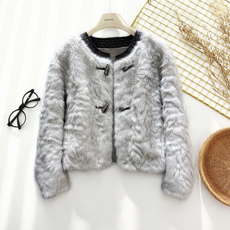 2025新款小湖时尚香风马蹄袖皮毛一体皮草外套百搭气质短款毛毛