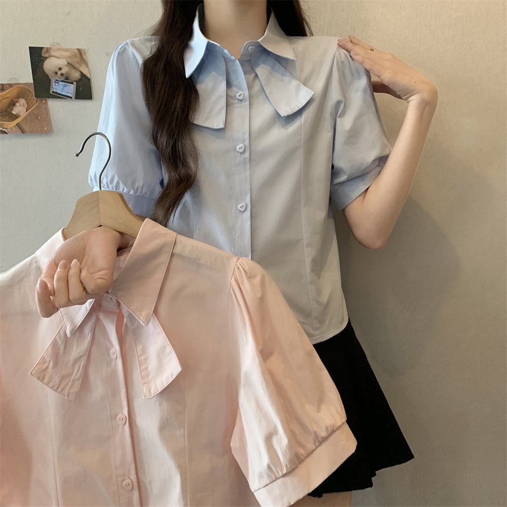 大码女装夏季学院风洋气甜美短袖包泡袖别致蝴蝶结衬衫上衣女百搭