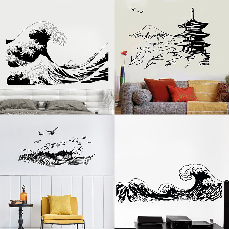 古典风景画神奈川冲浪里墙贴富士山和风贴画客厅背景墙装饰可移除