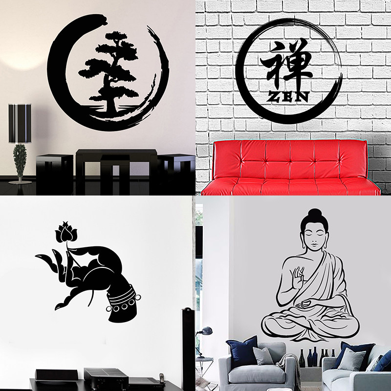 禅圈与佛像贴画Enso佛手拈花打坐贴纸瑜伽室东方禅意古典背景墙贴