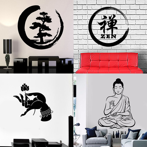 禅圈与佛像贴画Enso佛手拈花打坐贴纸瑜伽室东方禅意古典背景墙贴