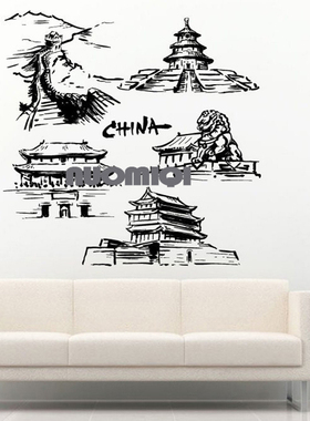 爱我中华国画墙贴长城天坛天安门石狮古建筑中式风景贴画古典装饰