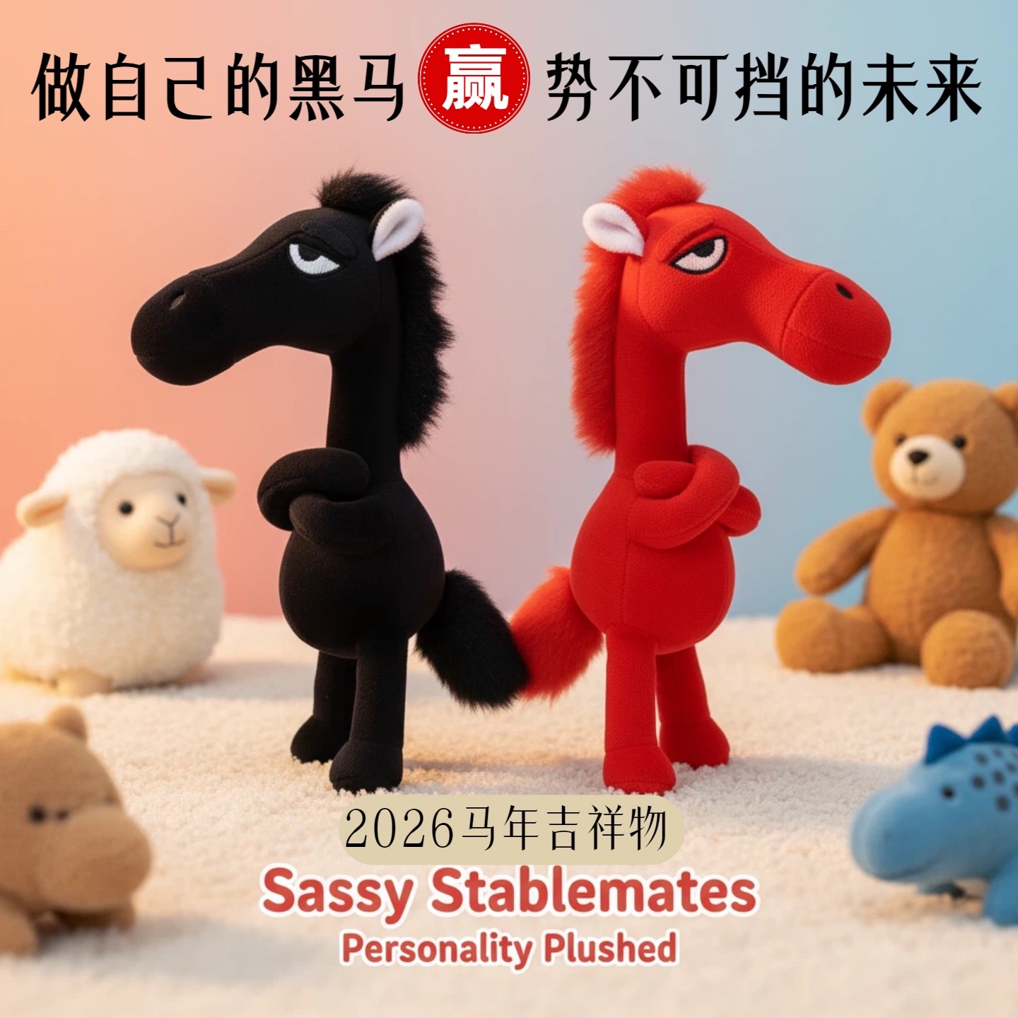 2026天选好运高冷黑马红马紫马小红书爆款毛绒玩偶公仔挂件送朋友