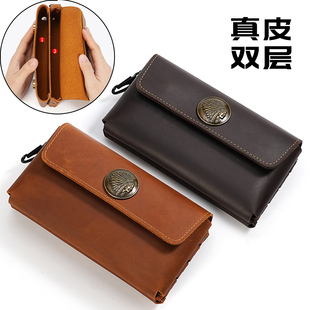 大号牛皮双层手机包腰包男士 两部手机穿皮带真皮手拿挂腰皮套 横款