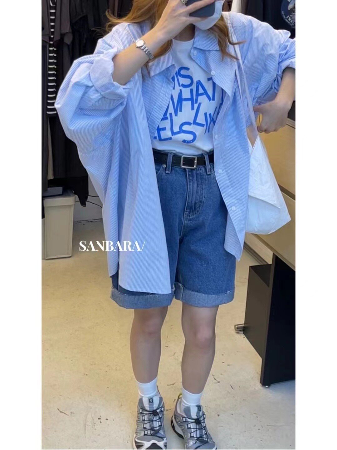 sanbara韩系2024春夏新款细条纹设计感防晒衣宽松单排扣衬衫女潮